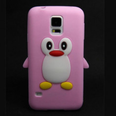 Husa silicon soft pink pinguin Samsung Galaxy S5 G900 i9600 + folie protectie