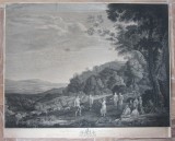 Claude Lorrain &quot;The dancing shepherds&quot; gravura veche 1784, Scene gen, Cerneala, Realism