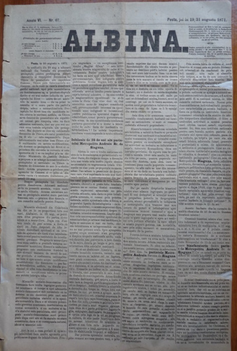 Ziarul Albina , nr. 67 , 1871 , Budapesta , in limba romana , Director V. Babes