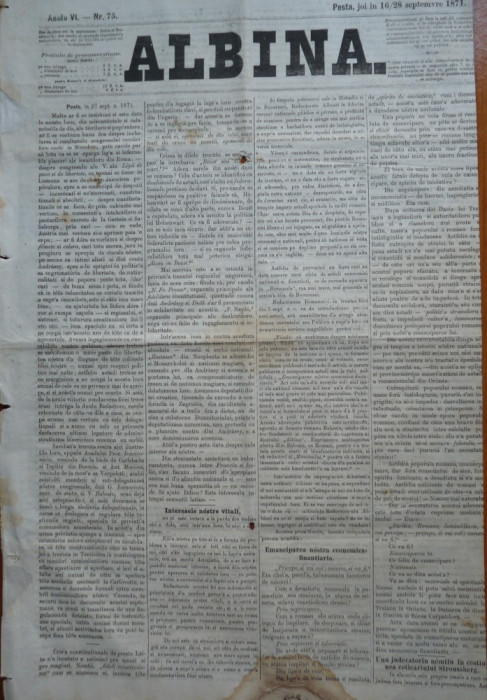 Ziarul Albina , nr. 75 , 1871 , Budapesta , in limba romana , Director V. Babes