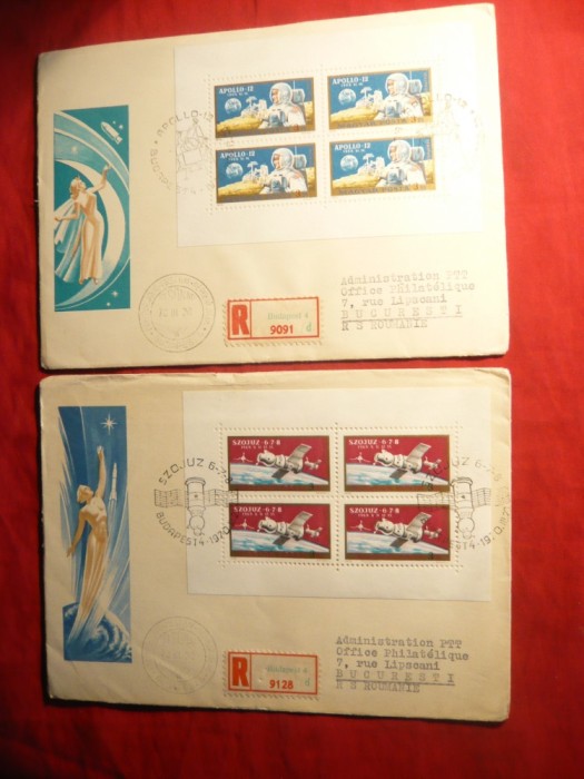 2Plicuri FDC -Cosmos Soiuz 6, 7 ,8 si Apollo 12 -2 blocuri Ungaria 1970