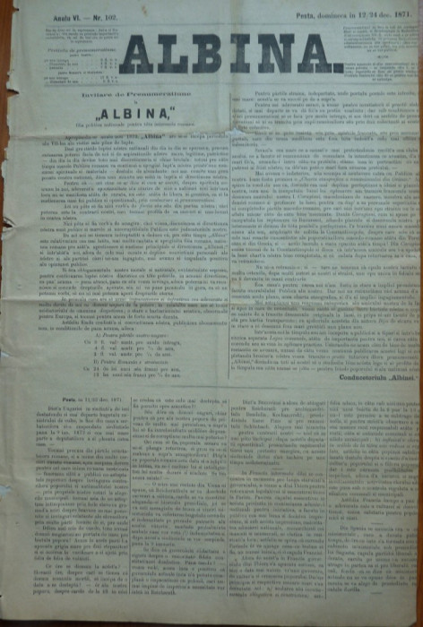 Ziarul Albina , nr. 102 , 1871 , Budapesta , in limba romana , Director V. Babes