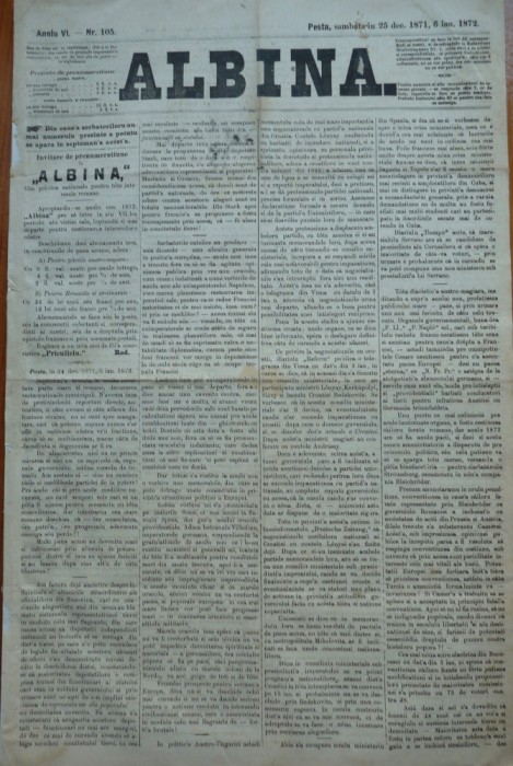 Ziarul Albina , nr. 105 , 1871 , Budapesta , in limba romana , Director V. Babes