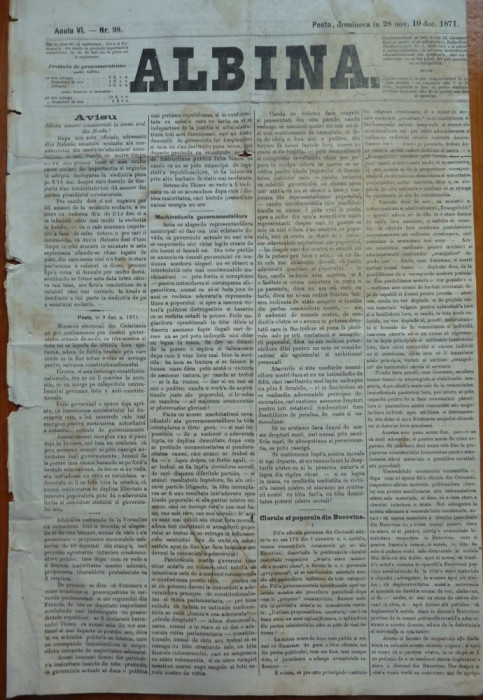 Ziarul Albina , nr. 98 , 1871 , Budapesta , in limba romana , Director V. Babes