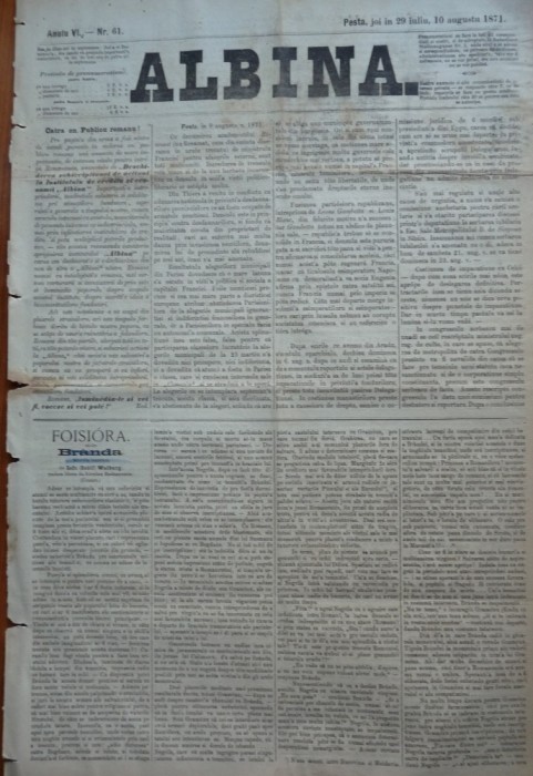 Ziarul Albina , nr. 61 , 1871 , Budapesta , in limba romana , Director V. Babes