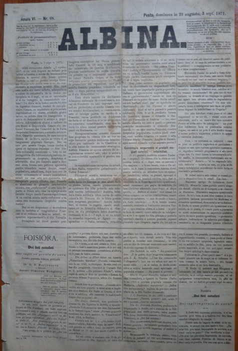 Ziarul Albina , nr. 68 , 1871 , Budapesta , in limba romana , Director V. Babes