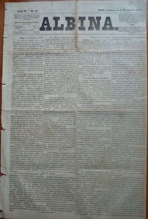 Ziarul Albina , nr. 64 , 1871 , Budapesta , in limba romana , Director V. Babes