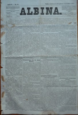 Ziarul Albina , nr. 86 , 1871 , Budapesta , in limba romana , Director V. Babes foto