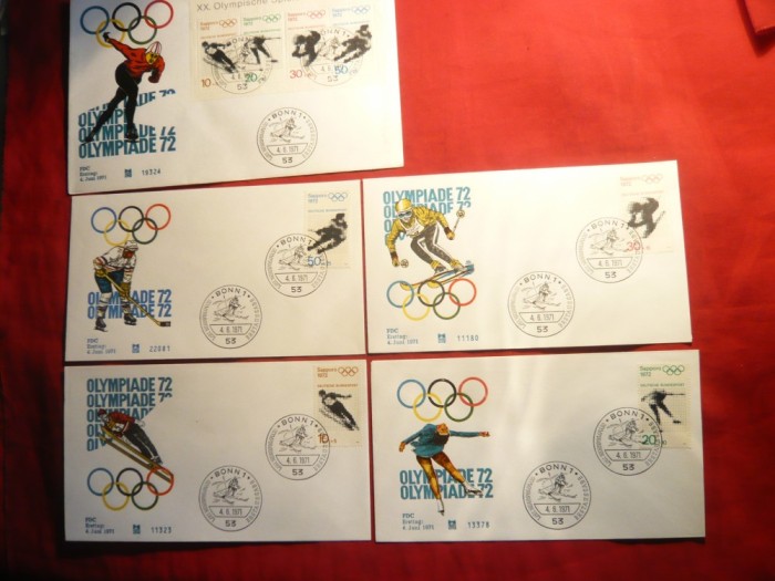 5 Plicuri FDC - Olimpiada Sapporo 1972 ,serie 4 val.+1 Colita RFG