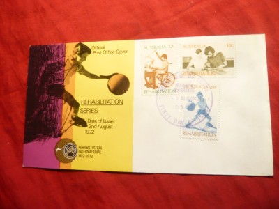 Plic FDC -Reabilitare handicap -50 Ani 1972 Australia , 3 val. foto