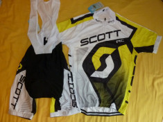 echipament ciclism Scott galben set pantaloni cu bretele si tricou nou foto