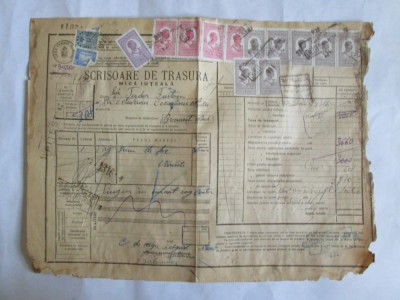 SCRISOARE DE TRASURA MICA IUTEALA CU 14 TIMBRE(FISCALE,STATISTIC,AVIATIE) 1932 foto