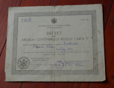 Brevet pentru medalia centenarului regelui Carol I / 9 mai 1939 !!!!!! foto