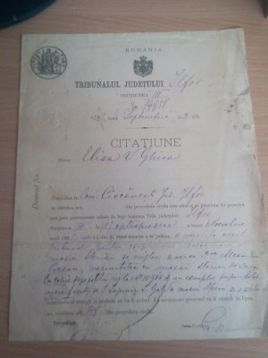 CITATIUNE TRIMISA 1891 DNEI ELISA V. GHICA. foto