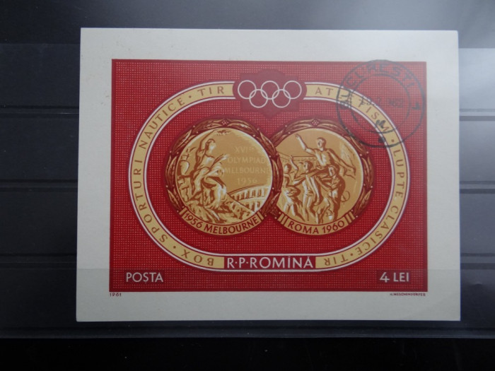 LP529-Medalii-J.O. Melbourne si Roma-Colita nedantelata stampilata-1961