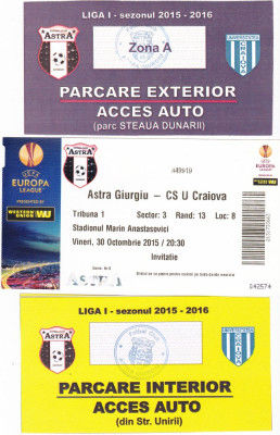 Bilet meci fotbal+2 tichete acces parcare ASTRA GIURGIU - CSU CRAIOVA 30.10.2015 foto