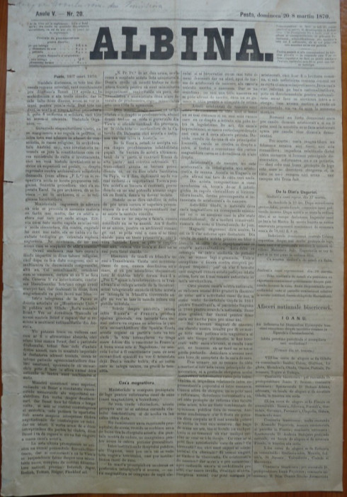 Ziarul Albina , nr. 20 , 1870 , Budapesta , in limba romana , Director V. Babes