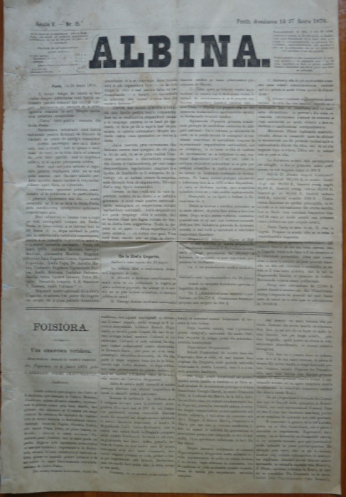 Ziarul Albina , nr. 15 , 1870 , Budapesta , in limba romana , Director V. Babes