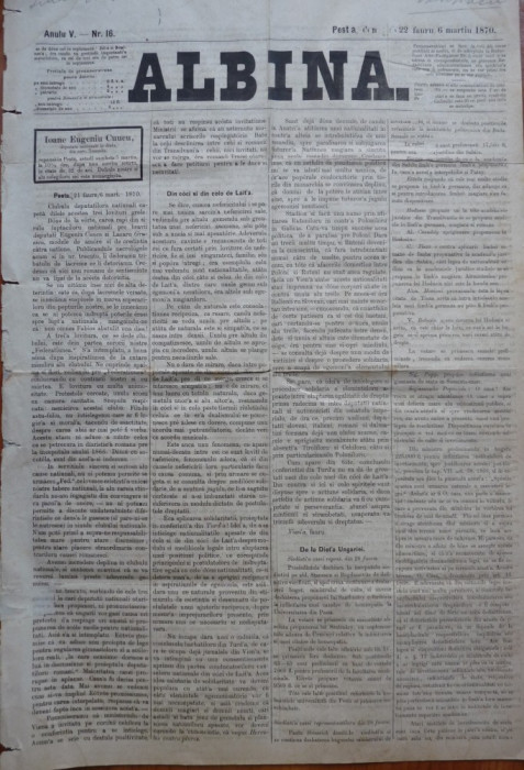 Ziarul Albina , nr. 16 , 1870 , Budapesta , in limba romana , Director V. Babes