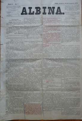 Ziarul Albina , nr. 7 , 1870 , Budapesta , in limba romana , Director V. Babes foto