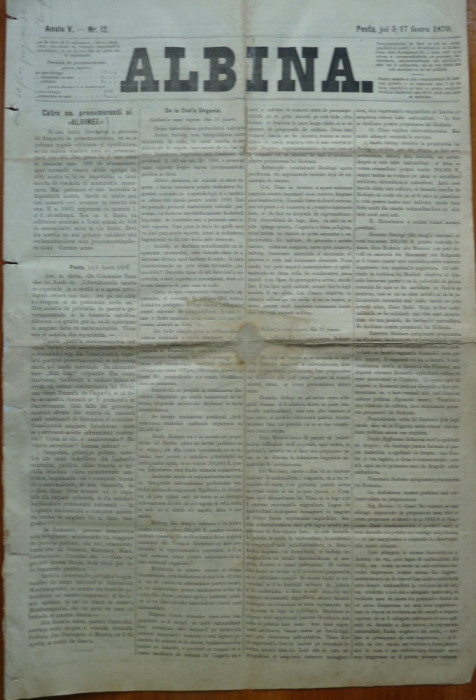 Ziarul Albina , nr. 12 , 1870 , Budapesta , in limba romana , Director V. Babes