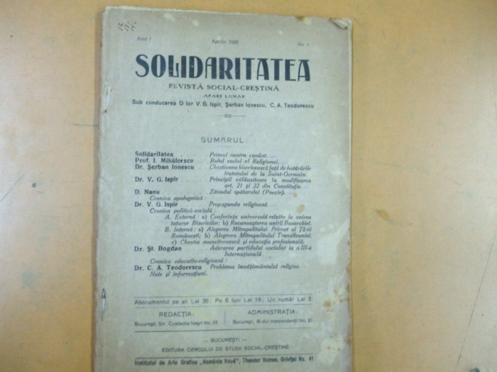 Solidariatatea an I numarul 1 1920 revista social - crestina