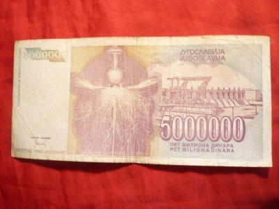 Bancnota 5 milioane dinari 1993 Yugoslavia , cal.medie-buna foto