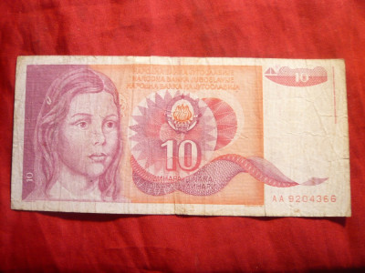 Bancnota 10 dinari 1990 Yugoslavia , cal.mediocra foto
