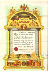 Diploma masonica extrem de decorativa - Marea Loja a Angliei foto