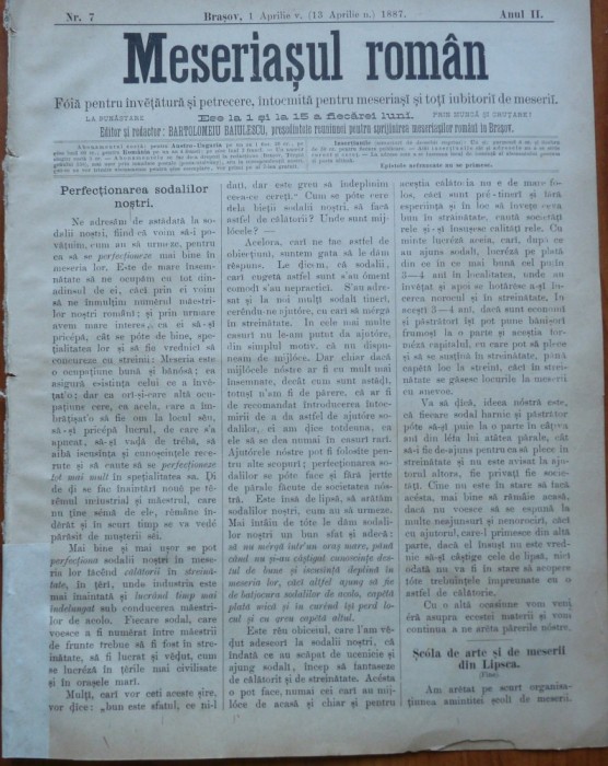 Ziarul Meseriasul Roman , nr. 7 , 1887 , Brasov