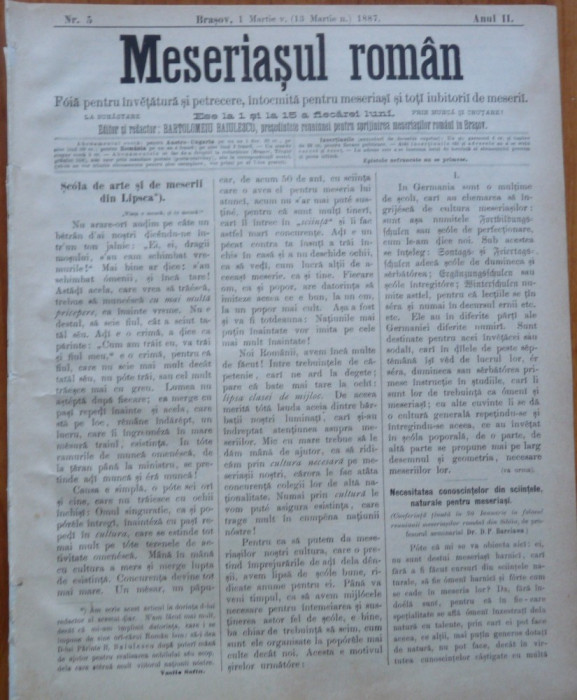 Ziarul Meseriasul Roman , nr. 5 , 1887 , Brasov