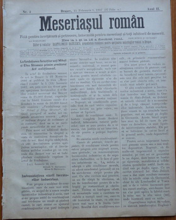 Ziarul Meseriasul Roman , nr. 4 , 1887 , Brasov