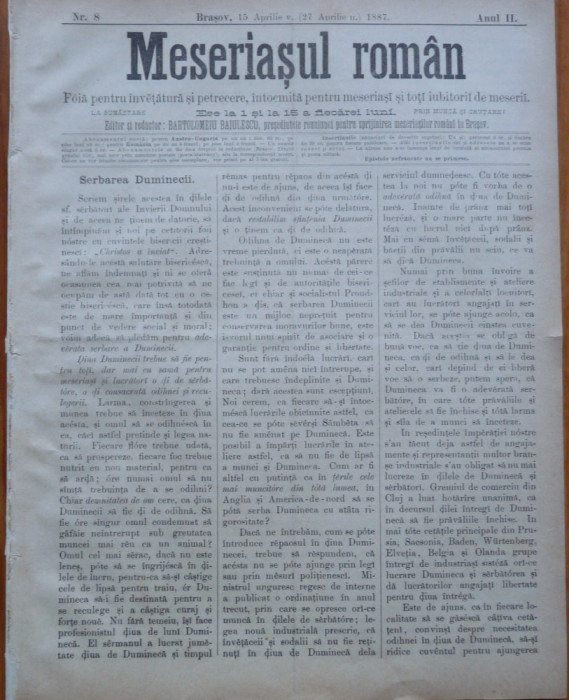 Ziarul Meseriasul Roman , nr. 8 , 1887 , Brasov