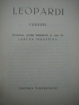 Versuri -Leopardi (Cele mai frumoase poezii) , 1962 foto