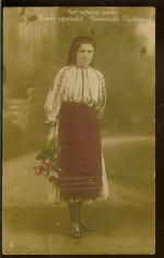 Carte postala Romania, tanara fata in costum popular, circulata 1918 foto