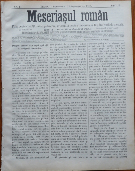 Ziarul Meseriasul Roman , nr. 17 , 1887 , Brasov