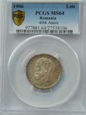 Romania 1 leu 1906, PCGS, MS64 foto