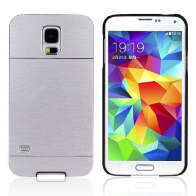 Husa aluminiu cu plastic MOTOMO argintie Samsung Galaxy S5 i9600 G900 + folie foto