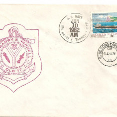 INTREG POSTAL 4810 ROMANIA, FILATELIE TEMATICA MARINA, PLIC OCAZIONAL, DATAT 18.06.1986, VIZITA NAVA USS CORONADO IN PORT CONSTANTA, STAMPILA VAPOR.