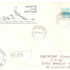 INTREG POSTAL 4808 ROMANIA, FILATELIE TEMATICA MARINA, PLIC OCAZIONAL, DATA 27.05.1980, VIZITA NAVA CORVETTE ASM MONTCALM IN PORT CONSTANTA, STAMPILA