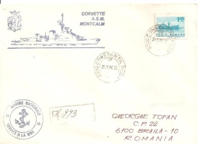 INTREG POSTAL 4808 ROMANIA, FILATELIE TEMATICA MARINA, PLIC OCAZIONAL, DATA 27.05.1980, VIZITA NAVA CORVETTE ASM MONTCALM IN PORT CONSTANTA, STAMPILA foto