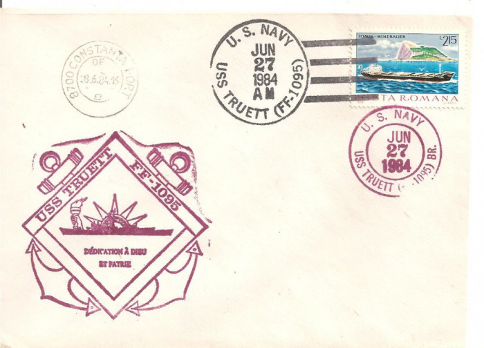 INTREG POSTAL 4806 ROMANIA, FILATELIE TEMATICA MARINA, PLIC OCAZIONAL, DATAT 27.06.1984, VIZITA VAPOR USS TRUETT IN PORT CONSTANTA, STAMPILA VAPOR.