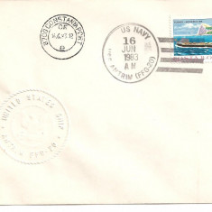 INTREG POSTAL 4815 ROMANIA, FILATELIE TEMATICA MARINA, PLIC OCAZIONAL, DATAT 16.06.1983, VIZITA NAVA USS ANTRIM IN PORT CONSTANTA, STAMPILA VAPOR.