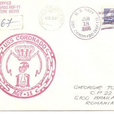 INTREG POSTAL 4809 ROMANIA, FILATELIE TEMATICA MARINA, PLIC OCAZIONAL, DATAT 18.06.1986, VIZITA NAVA USS CORONADO IN PORT CONSTANTA, STAMPILA VAPOR.