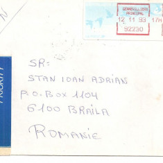 INTREG POSTAL 4849 FRANTA, ROMANIA, 12.11.1993, PLIC CIRCULAT, ETICHETA PRIORITAIRE / PRIORITY, AVION, TIMBRU MECANIC, STAMPILE.