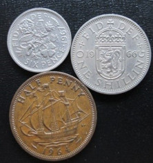 (1301) LOT MONEDE MAREA BRITANIE HALF PENNY 1964 , SIX PENCE 1067 , ONE SCHILLING 1966 foto