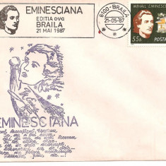 INTREG POSTAL 4864, ROMANIA, EMINESCIANA, EDITIA A V-A, BRAILA, 21.05.1987, TIMBRU EMINESCU, STAMPILA SPECIALA