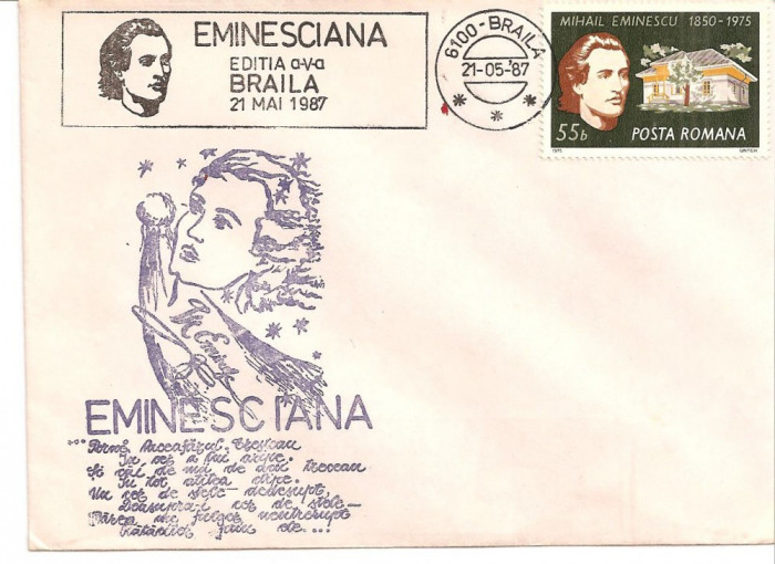 INTREG POSTAL 4864, ROMANIA, EMINESCIANA, EDITIA A V-A, BRAILA, 21.05.1987, TIMBRU EMINESCU, STAMPILA SPECIALA