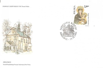 INTREG POSTAL 4883 POLONIA, PLIC PRIMA ZI, FDC, MARIA SI PRUNCUL, BISERICA, RELIGIE, ARTA, ARHITECTURA, CONSTRUCTIE. foto