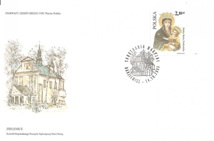 INTREG POSTAL 4883 POLONIA, PLIC PRIMA ZI, FDC, MARIA SI PRUNCUL, BISERICA, RELIGIE, ARTA, ARHITECTURA, CONSTRUCTIE.